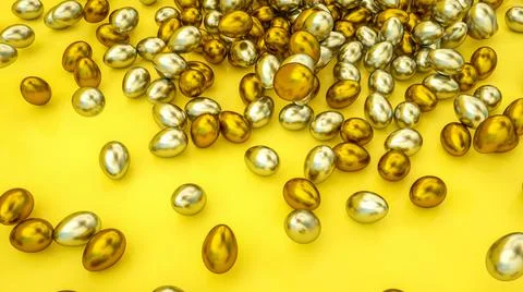 Gold and silver Easter eggs on a yellow backdrop. easter background. 3d rende Stockillustratie