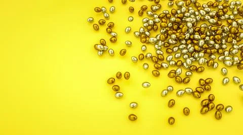 Gold and silver Easter eggs on a yellow backdrop. easter background. 3d rende Stockillustratie