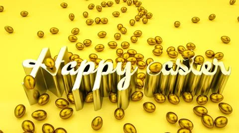 Gold and silver Easter eggs on a yellow backdrop and the word Happy Easter. 3 Stockillustratie