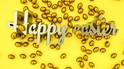 Gold and silver Easter eggs on a yellow backdrop and the word Happy Easter. 3 Stockillustratie