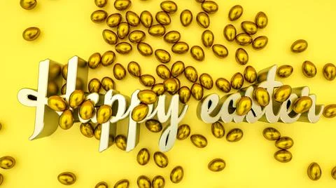 Gold and silver Easter eggs on a yellow backdrop and the word Happy Easter. 3 Stockillustratie