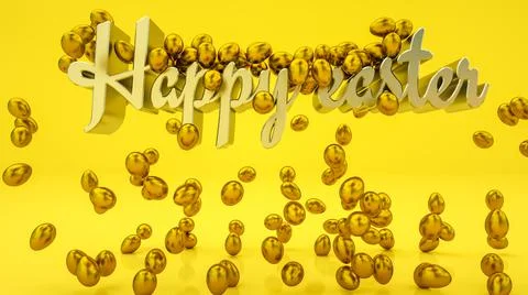 Gold and silver Easter eggs on a yellow backdrop and the word Happy Easter. 3 Stockillustratie