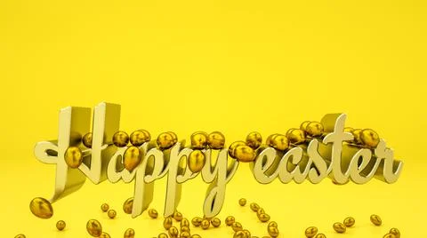 Gold and silver Easter eggs on a yellow backdrop and the word Happy Easter. 3 Stockillustratie