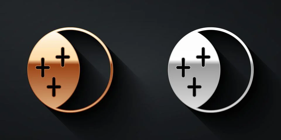 Gold and silver Eclipse of the sun icon isolated on black background. Total Ilustração Stock