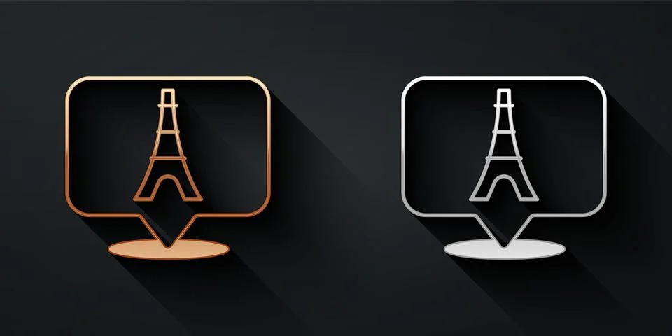 Gold and silver Eiffel tower icon isolated on black background. France Paris Stock Illustration
