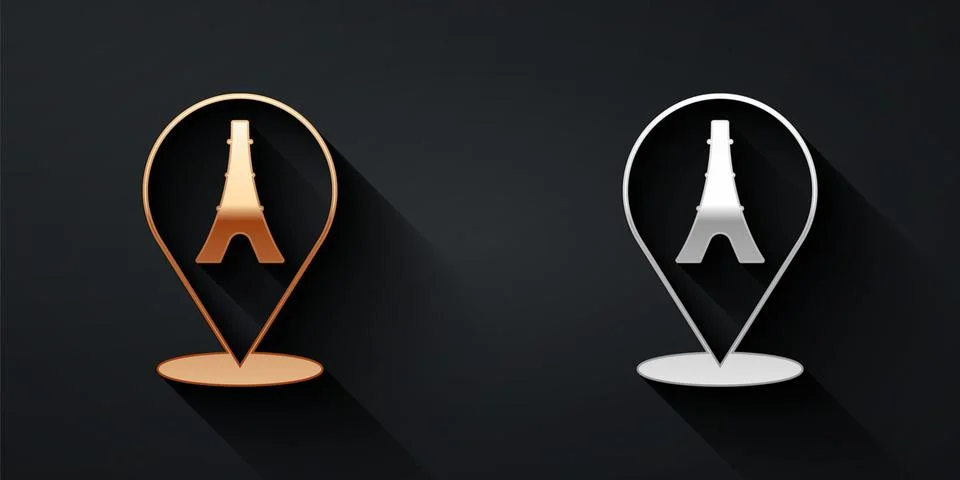 Gold and silver Eiffel tower icon isolated on black background. France Paris 스톡 일러스트
