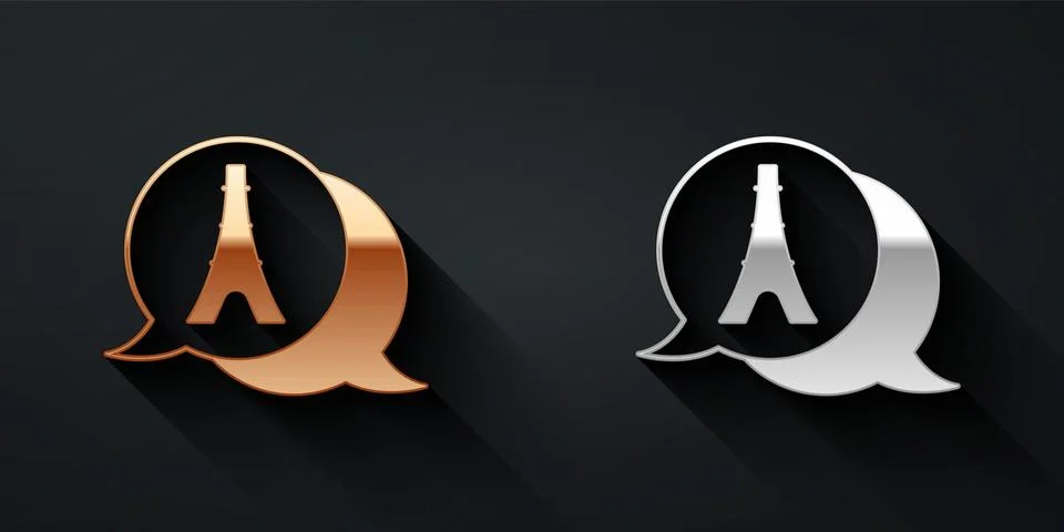 Gold and silver Eiffel tower icon isolated on black background. France Paris 스톡 일러스트