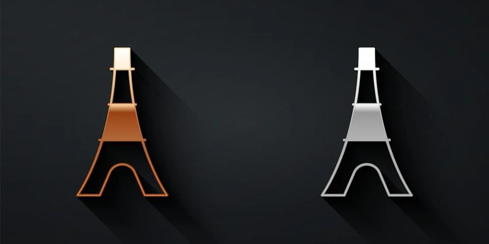 Gold and silver Eiffel tower icon isolated on black background. France Paris  스톡 일러스트