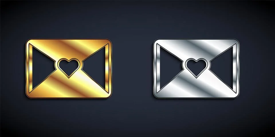 Gold and silver Envelope with 8 March icon isolated on black background. Me.. Stock Illustration