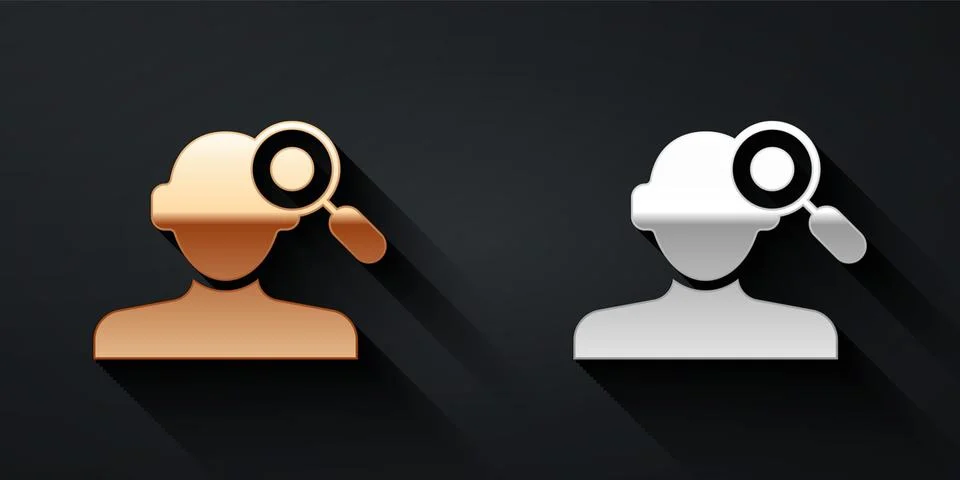 Gold and silver Finding a problem in psychology icon isolated on black Illustrazione stock