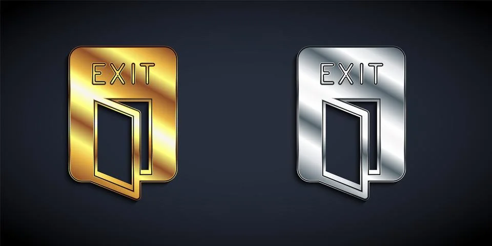Gold and silver Fire exit icon isolated on black background. Fire emergency i Ilustración de archivo