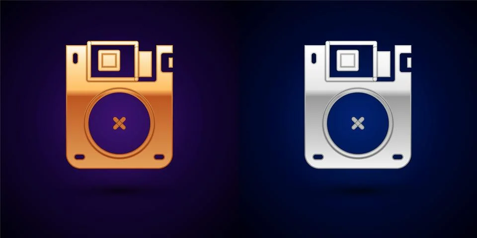 Gold and silver Floppy disk for computer data storage icon isolated on black Illustrazione stock