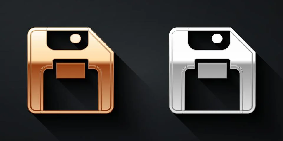 Gold and silver Floppy disk for computer data storage icon isolated on black Illustrazione stock