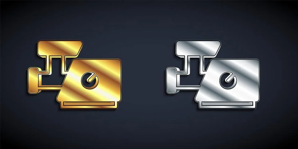 Gold and silver Kitchen meat grinder icon isolated on black background. Long Stock Illustration