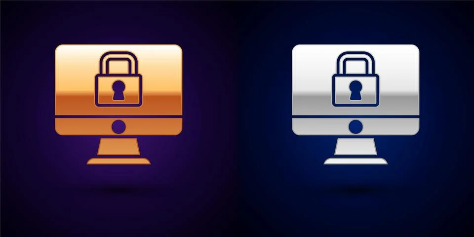 Gold and silver Lock on computer monitor screen icon isolated on black Stock Illustration