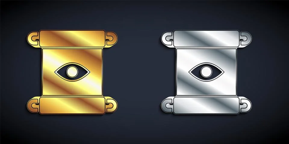 Gold and silver Magic scroll icon isolated on black background. Decree, paper Stock Illustration