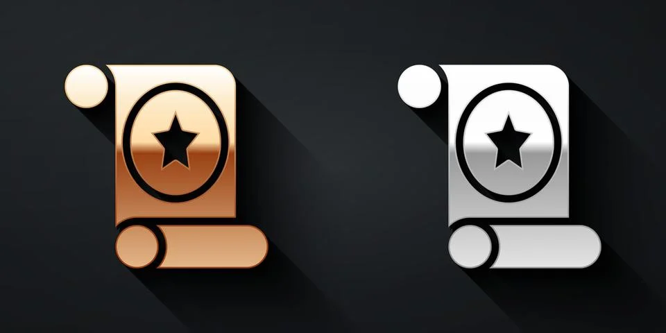 Gold and silver Magic scroll icon isolated on black background. Decree, paper Stock Illustration