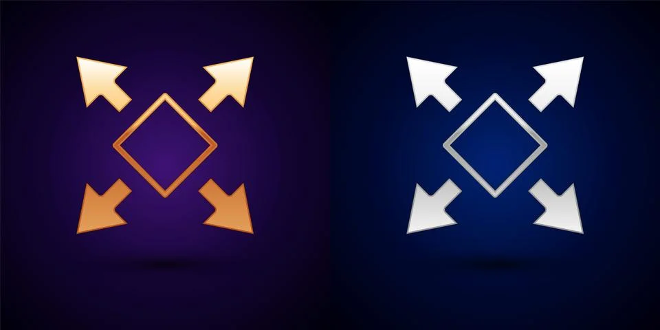 Gold and silver Many ways directional arrow icon isolated on black background Stock Illustration
