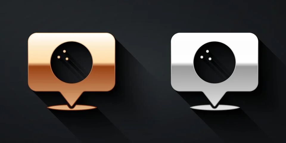 Gold and silver Map pointer with bowling ball icon isolated on black background Stock Illustration