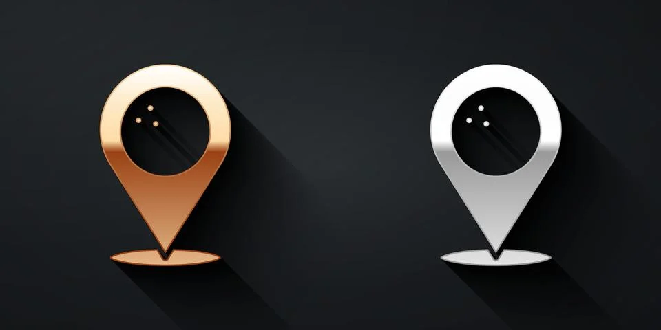Gold and silver Map pointer with bowling ball icon isolated on black background Stock Illustration