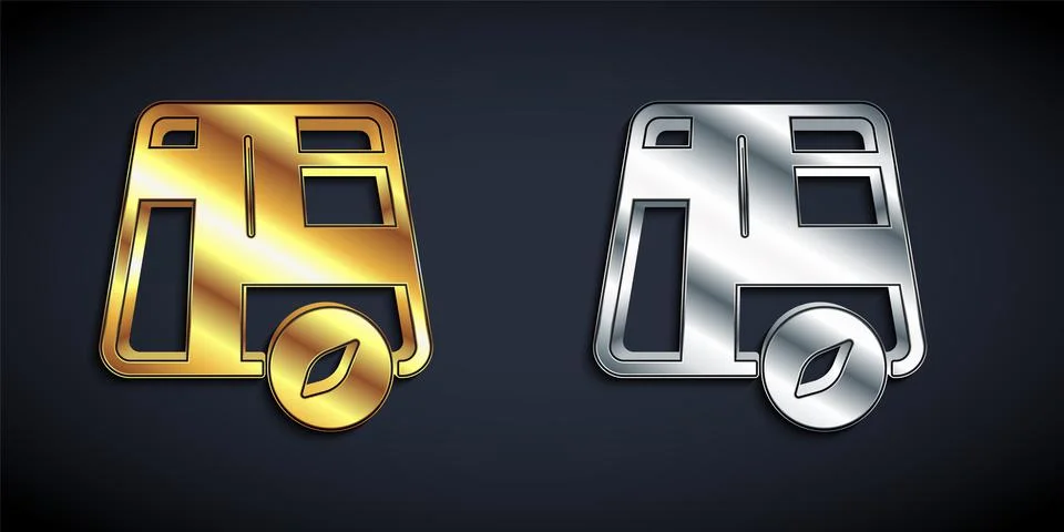 Gold and silver Map pointer with taxi car icon isolated on black background Stock Illustration