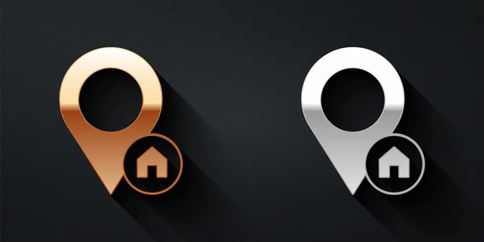 Gold and silver Map pointer with house icon isolated on black background. Home Illustrazione stock