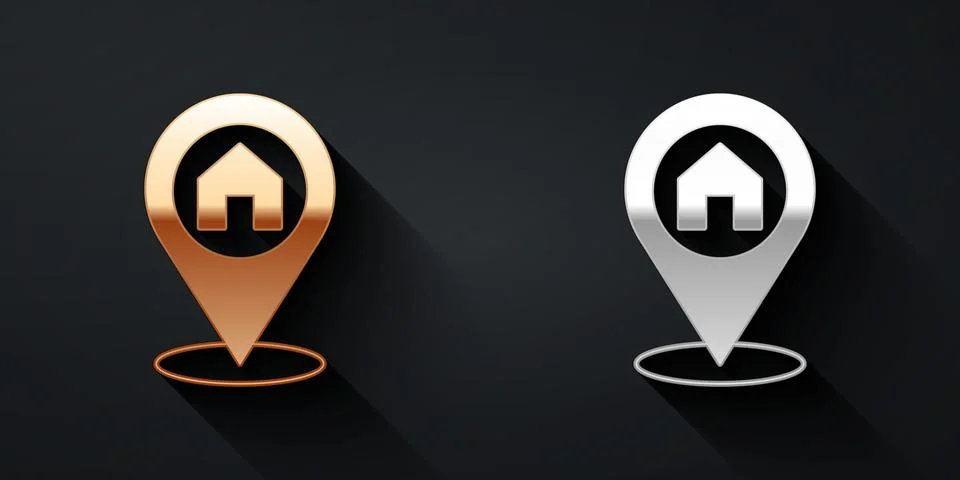 Gold and silver Map pointer with house icon isolated on black background. Home Stock Illustration