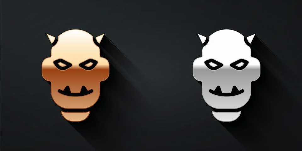 Gold and silver Mask of the devil with horns icon isolated on black background Stock Illustration