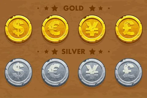 Gold and silver old Dollar, Euro, Pound and Yen coins. Stock Illustration