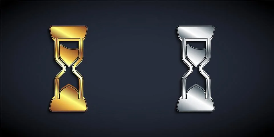 Gold and silver Old hourglass with flowing sand icon isolated on black Illustrazione stock