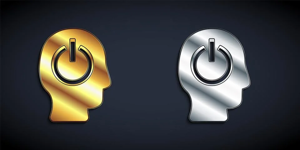 Gold and silver Power button icon isolated on black background. Start sign. L Stock Illustration