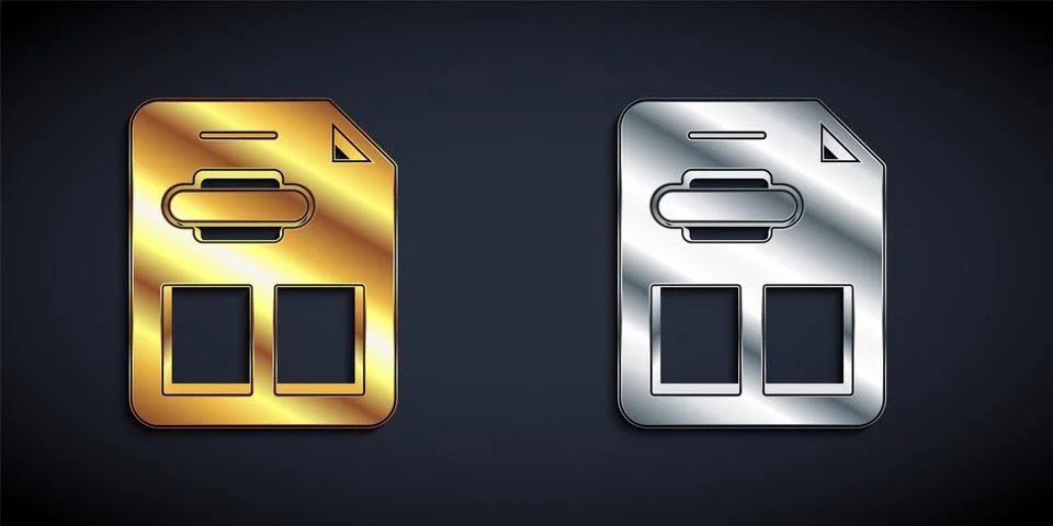 Gold and silver Restaurant cafe menu icon isolated on black background. Long Stock Illustration