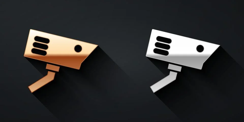 Gold and silver Security camera icon isolated on black background. Long shadow Illustrazione stock