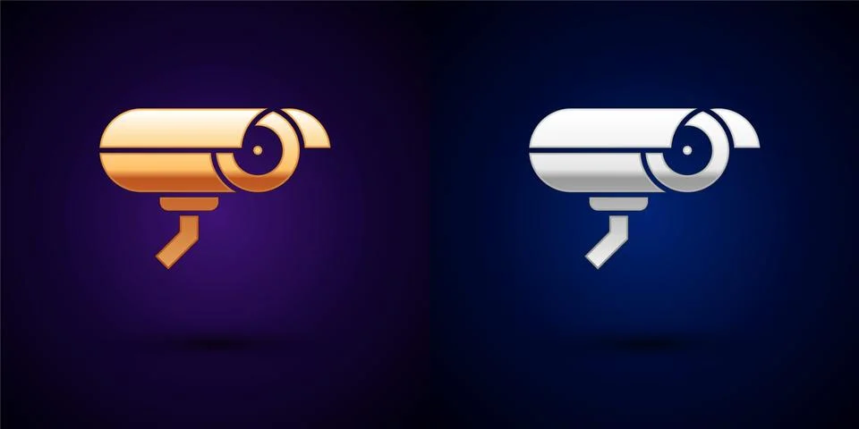 Gold and silver Security camera icon isolated on black background. Vector Illustrazione stock