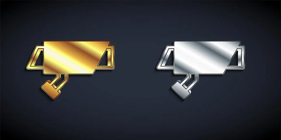 Gold and silver Security camera icon isolated on black background. Long shadow Illustrazione stock