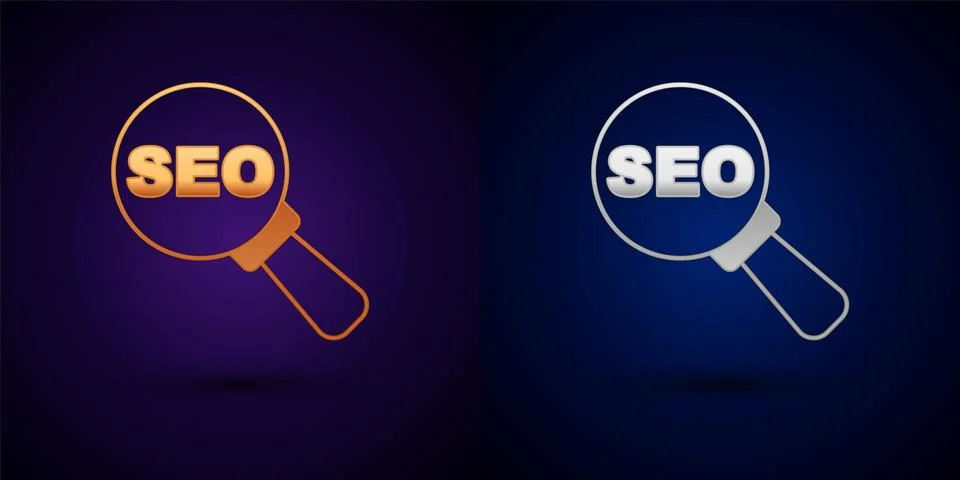 Gold and silver SEO optimization icon isolated on black background. Vector イラスト素材