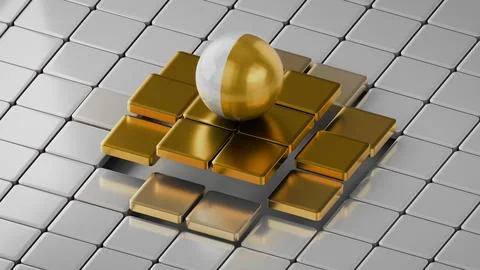Gold and Silver Sphere Rolling on Geometric Tiles in Futuristic イラスト素材
