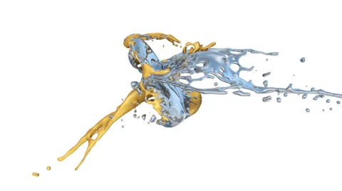 Gold and silver splashes collide in slow motion, isolated on white (FULL HD) Video stock 36525832