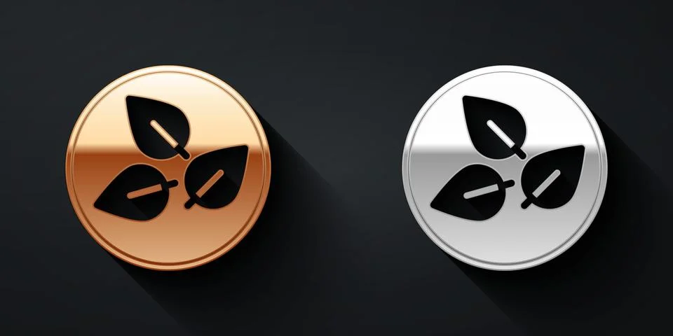 Gold and silver Tea leaf icon isolated on black background. Tea leaves. Long  Illustrazione stock