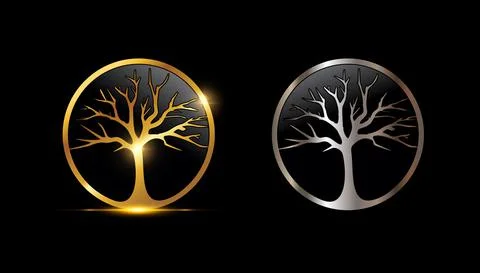 Gold and Silver Tree Circle Vector Sign Stock Illustration