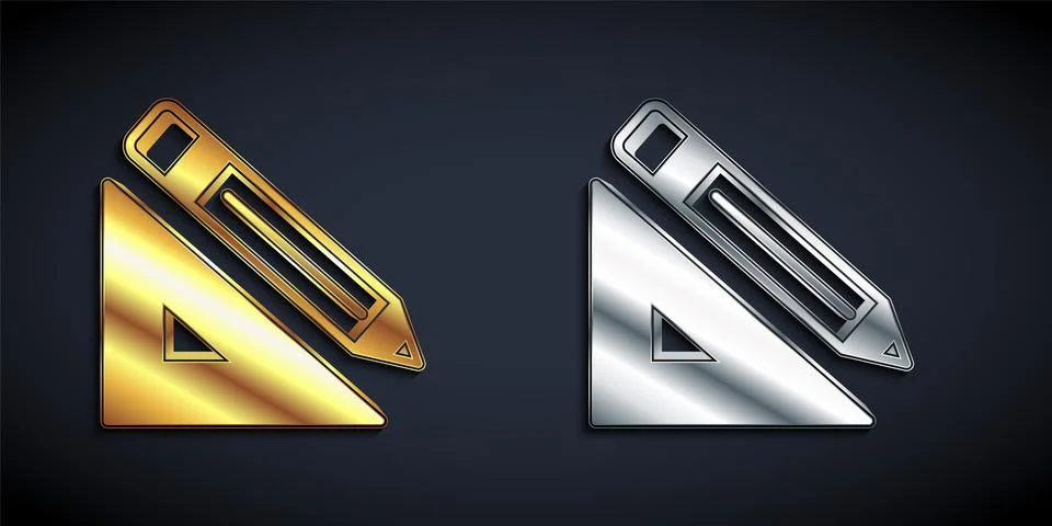 Gold and silver Triangular ruler and pencil icon isolated on black background Stock Illustration