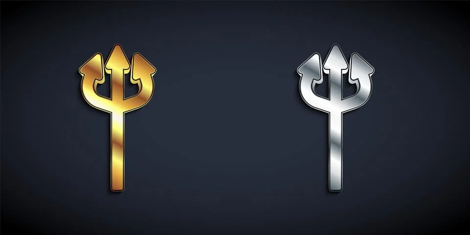 Gold and silver Trident devil icon isolated on black background. Happy Halloween Illustrazione stock