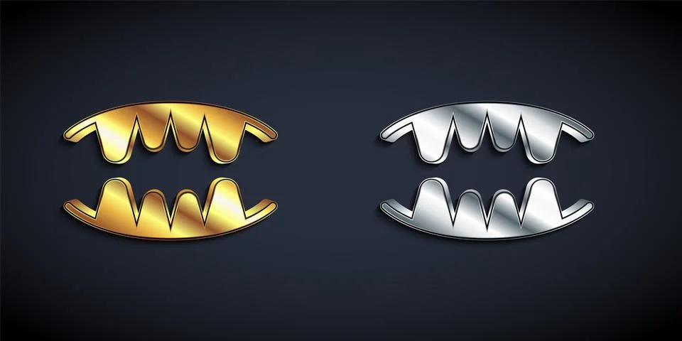 Gold and silver Vampire teeth icon isolated on black background. Happy Halloween Stock Illustration