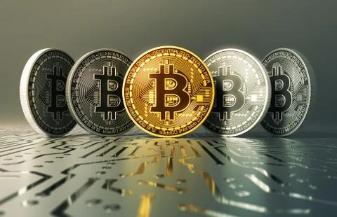 Gold And Silver Virtual Coins Bitcoins On Printed Circuit Board Stock Illustration