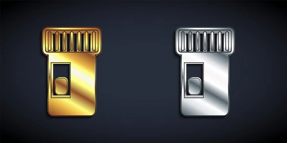Gold and silver Vitamin complex of pill capsule icon isolated on black back.. Stock Illustration