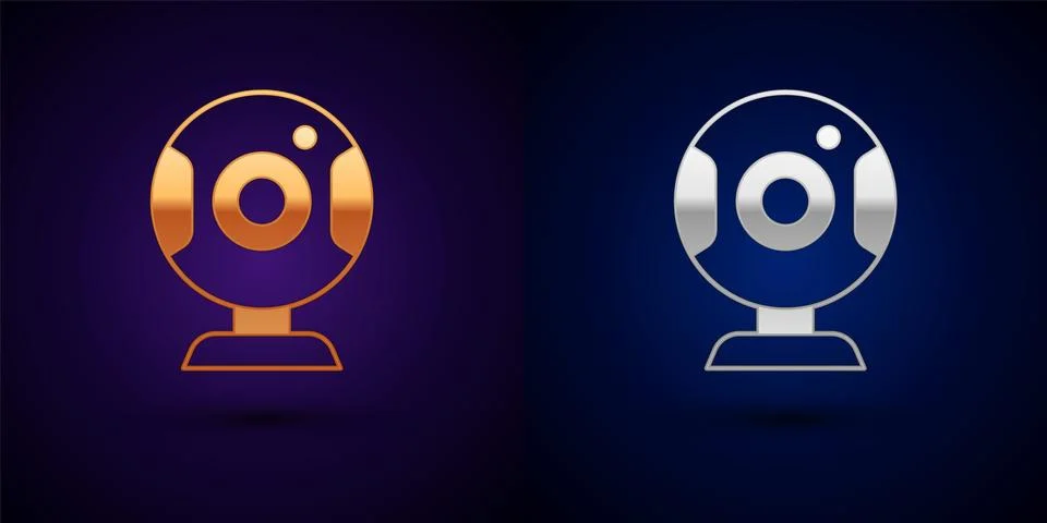 Gold and silver Web camera icon isolated on black background. Chat camera. .. 스톡 일러스트
