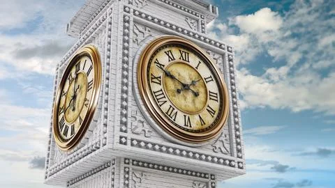 Gold and stone antique clock tower background. 3D illustration Stock Illustration