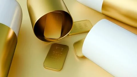 A gold and white capsule pulled apart, spilling small gold bullion bars Stock Illustration