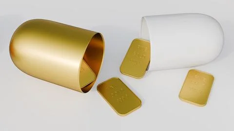 A gold and white capsule pulled apart, spilling small gold bullion bars Stock Illustration