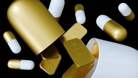 A gold and white capsule pulled apart, spilling small gold bullion bars Illustrazione stock